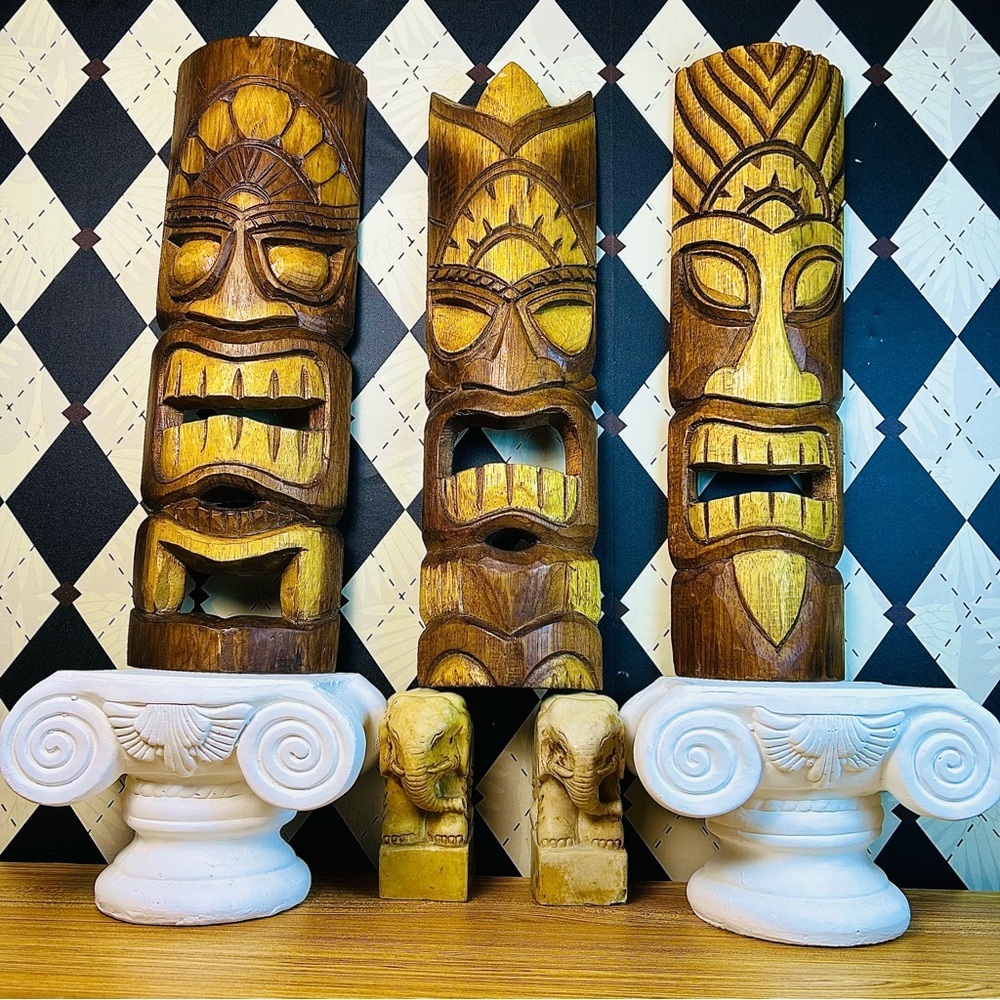 Carved Wood 20” Tiki Masks Set‎ of Three Mid-Century Tropical Wall Décor - Picture 3 of 6